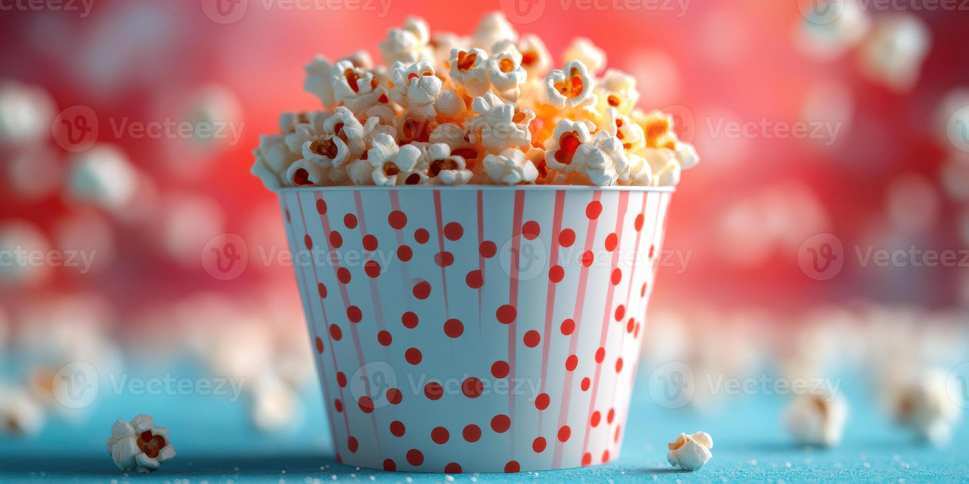 Delicious popcorn in a red and white dotted bucket against a colorful background photo