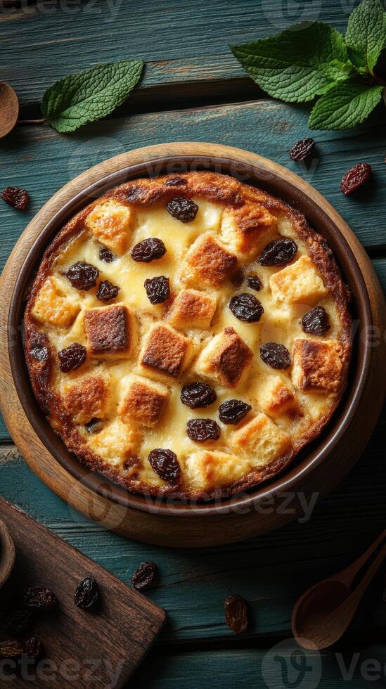 Homemade bread pudding topped with raisins and mint on rustic wooden table photo