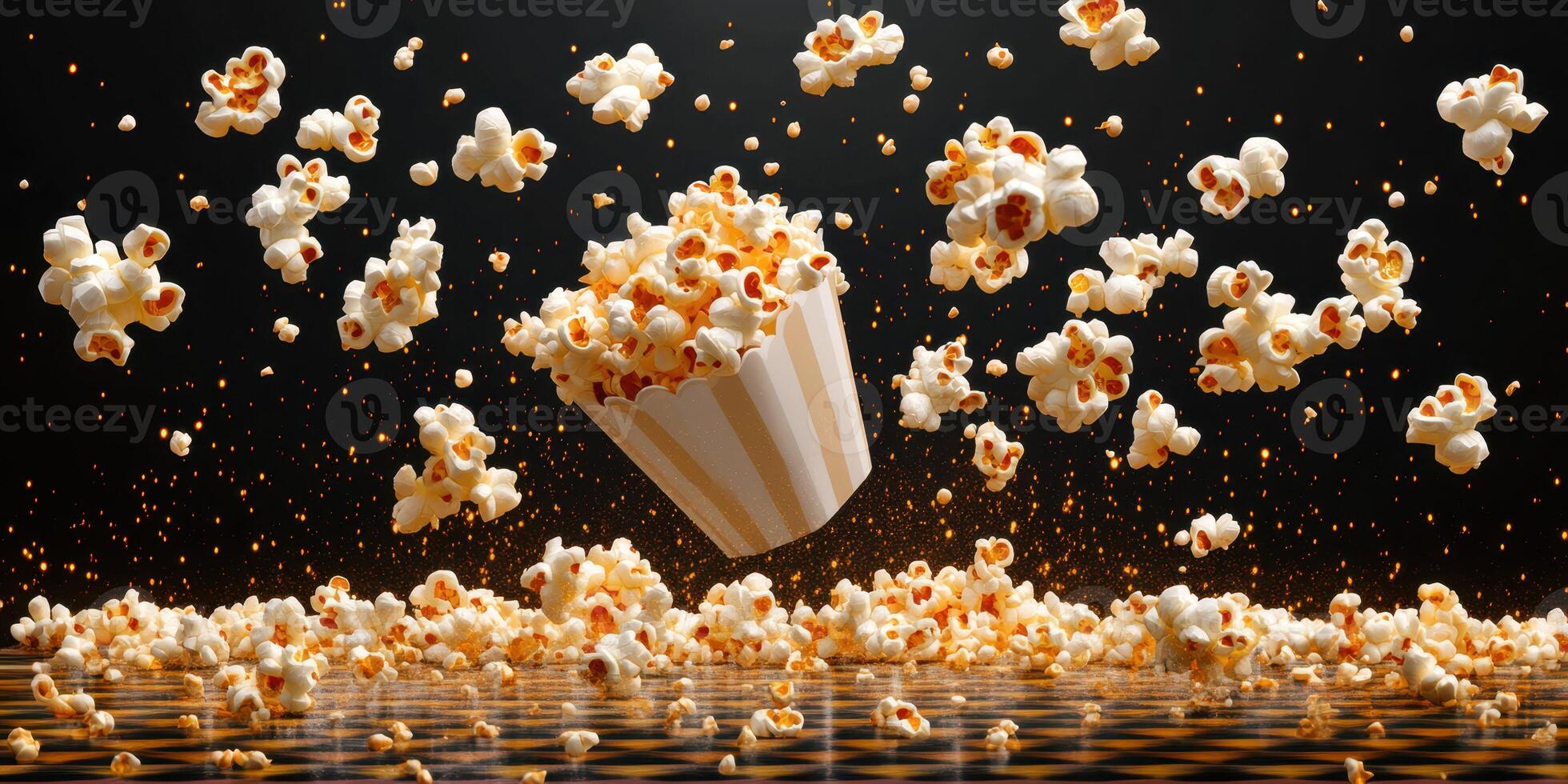 Popcorn bursts into the air from a striped container creating a dynamic, playful display in dark surroundings photo