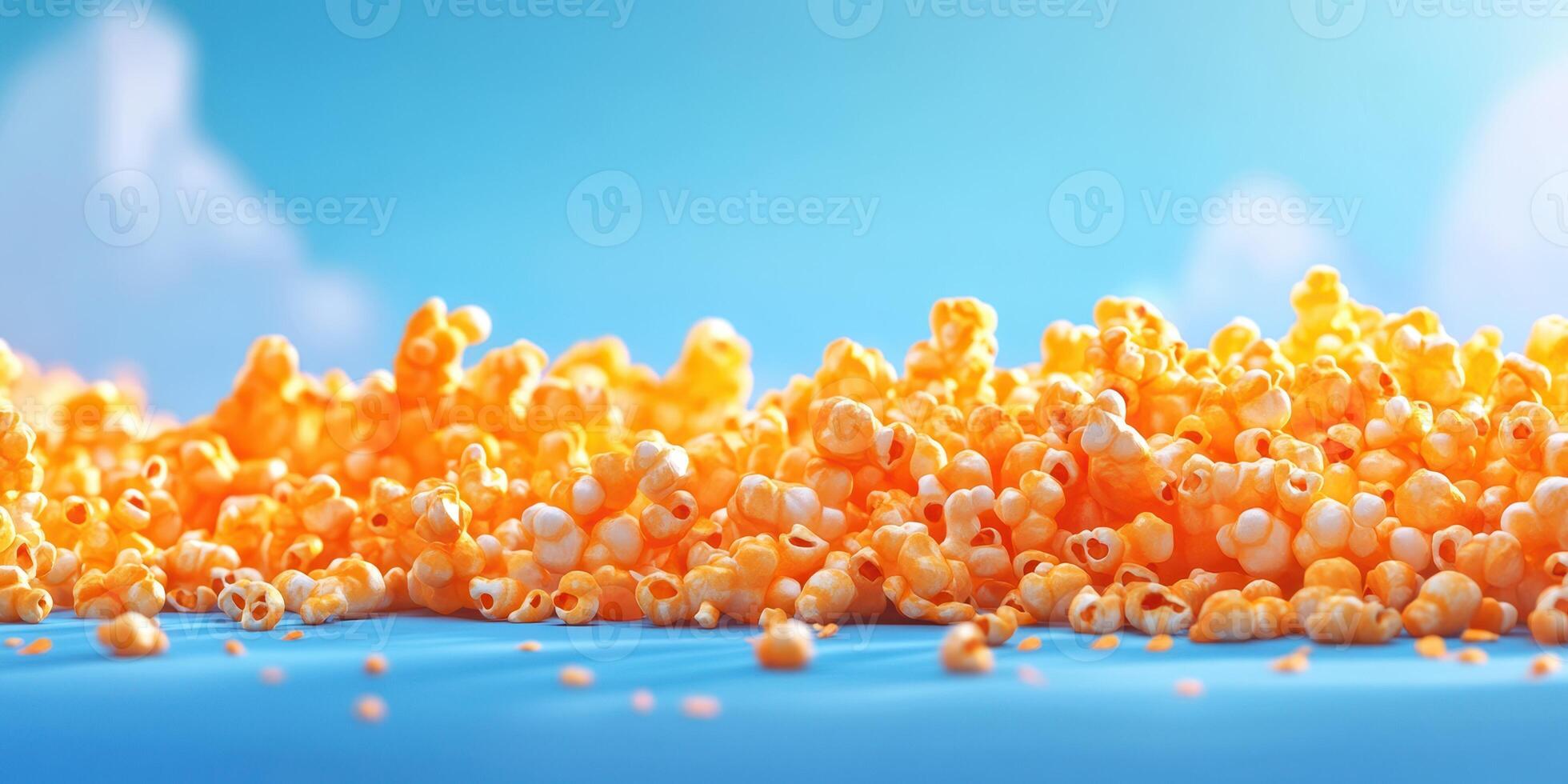 Colorful popcorn scattered on a bright blue surface under a sunny sky photo