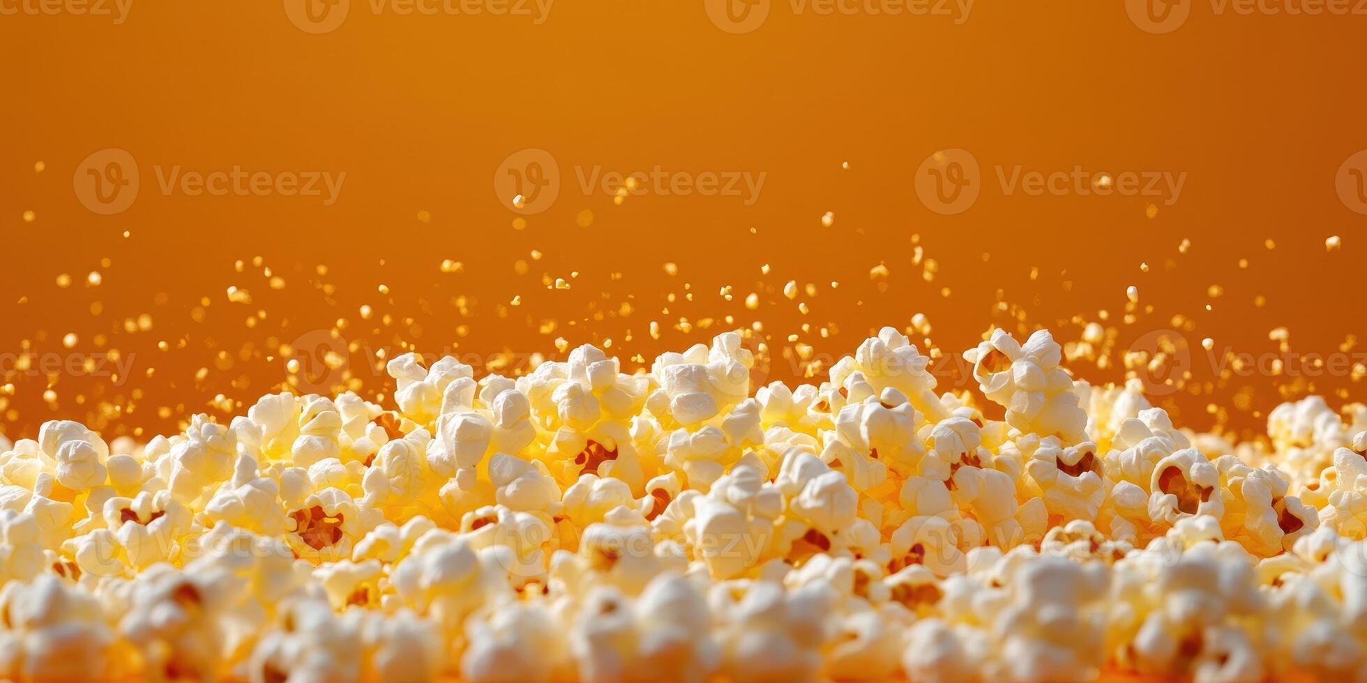 Popcorn kernels bursting into fluffy white clouds against a vibrant orange background in a cinematic setting photo
