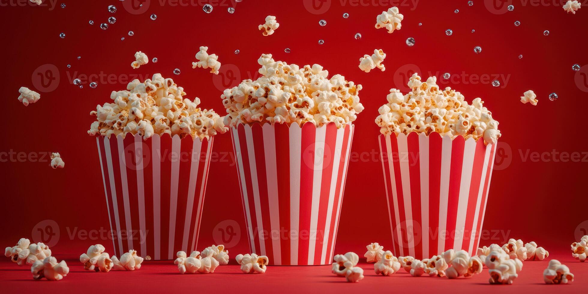 Popcorn bursts against a vibrant red backdrop, creating a festive atmosphere perfect for movie night celebration photo