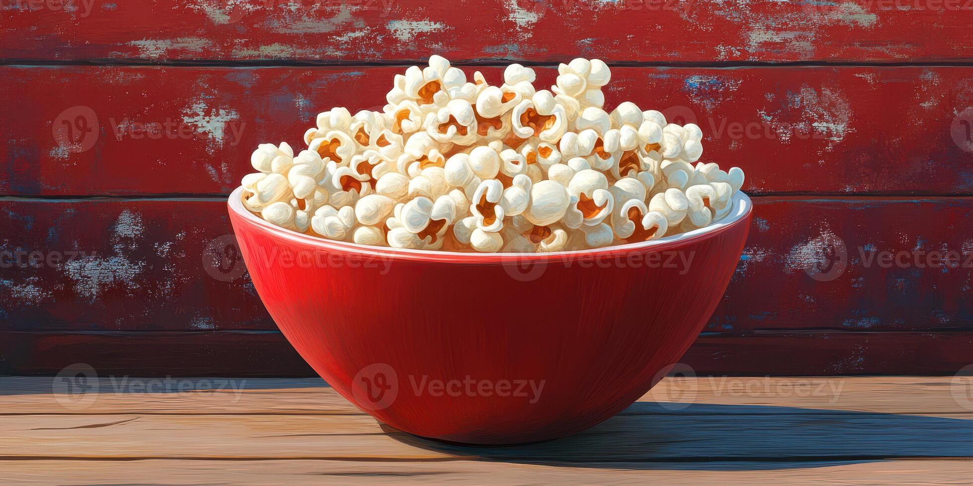 Bowl of fluffy popcorn placed on a wooden table against a rustic red background photo