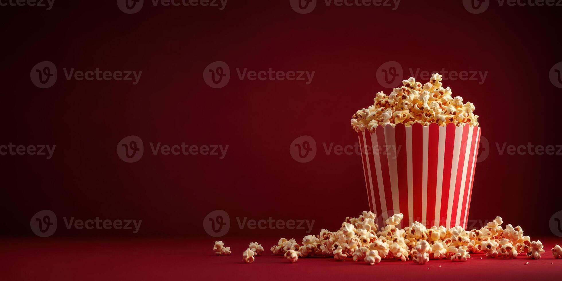 Popcorn spilling from a striped bucket on a red background perfect for a movie night photo