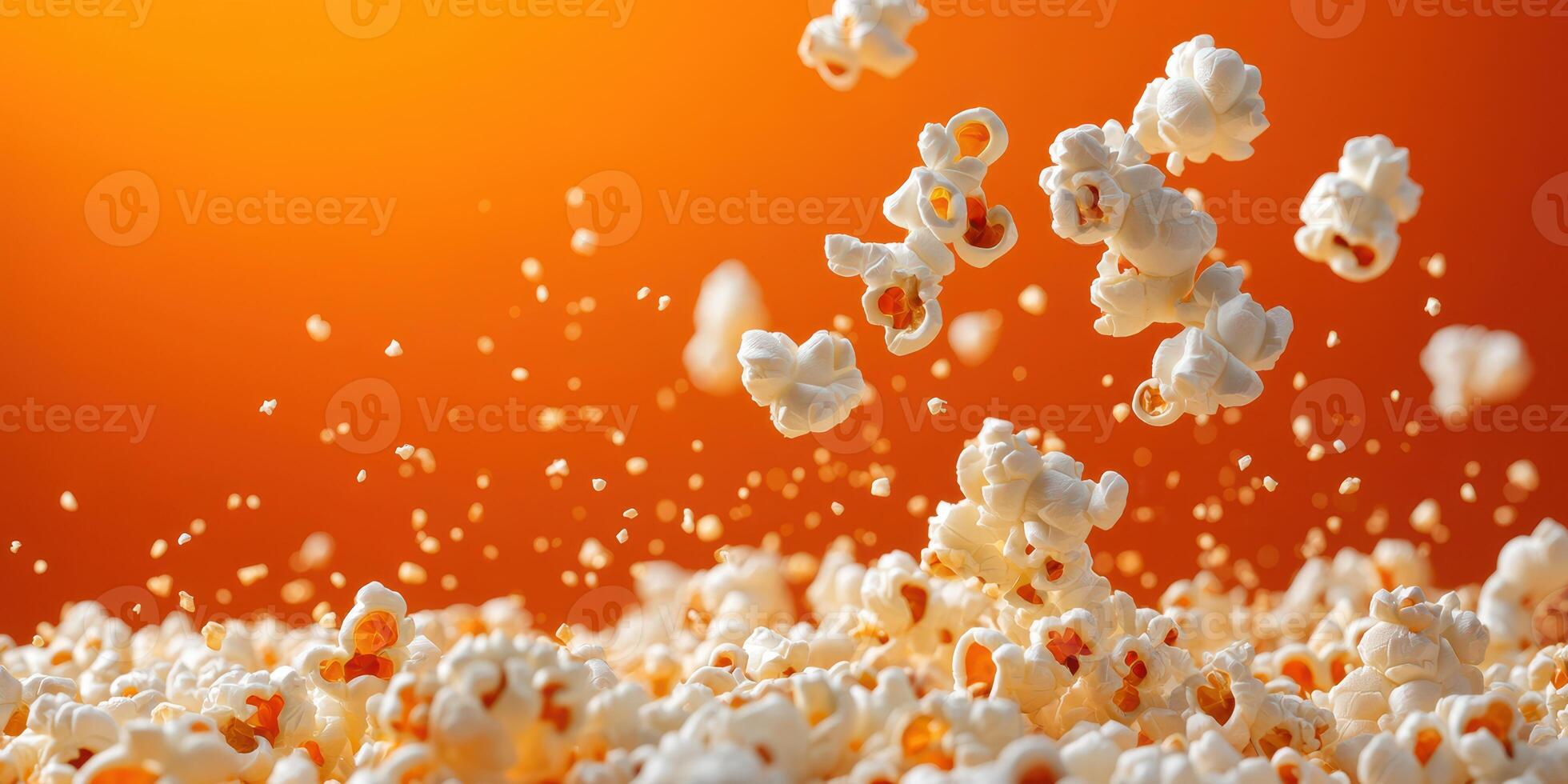 Popcorn bursts into the air in a vibrant orange background during a fun movie night celebration photo
