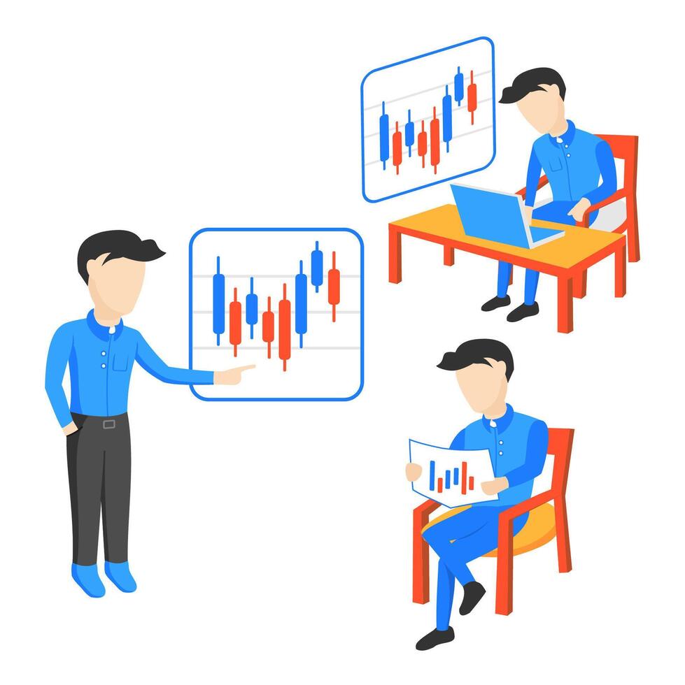 Isometric illustration of trader and trader chart vector