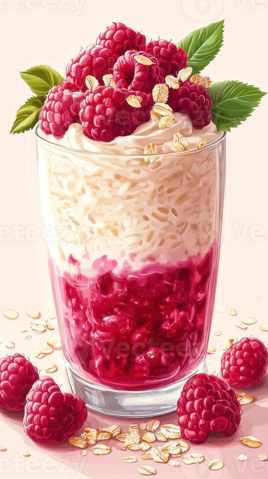 Dessert parfait with layers of raspberry, cream, and oats served in a clear glass cup photo