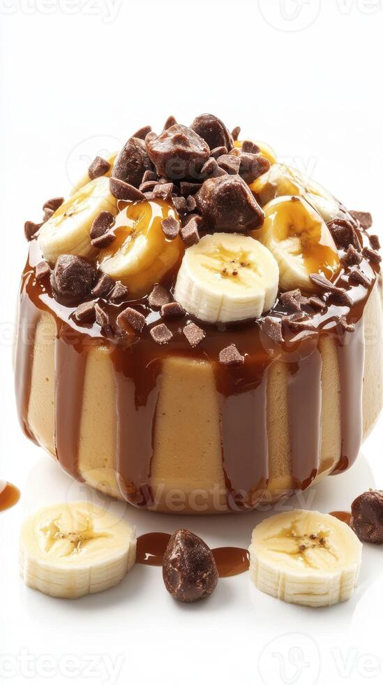 Delicious banana dessert topped with chocolate chips and caramel sauce served in a stylish bowl photo