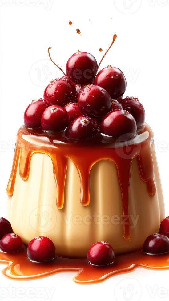 Delicious pudding topped with fresh cherries and caramel sauce on a bright background photo