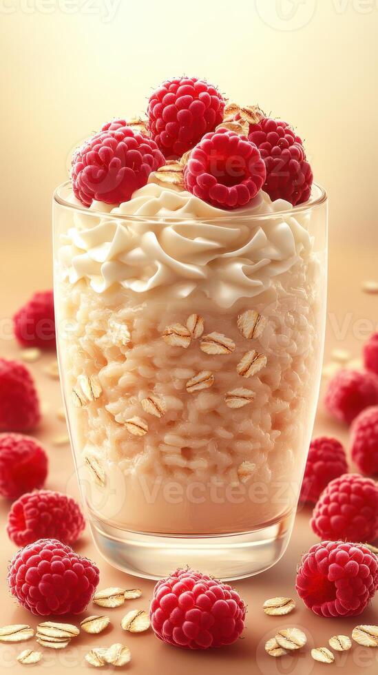 Delightful dessert featuring creamy oats topped with fresh raspberries and whipped cream on a soft golden background photo