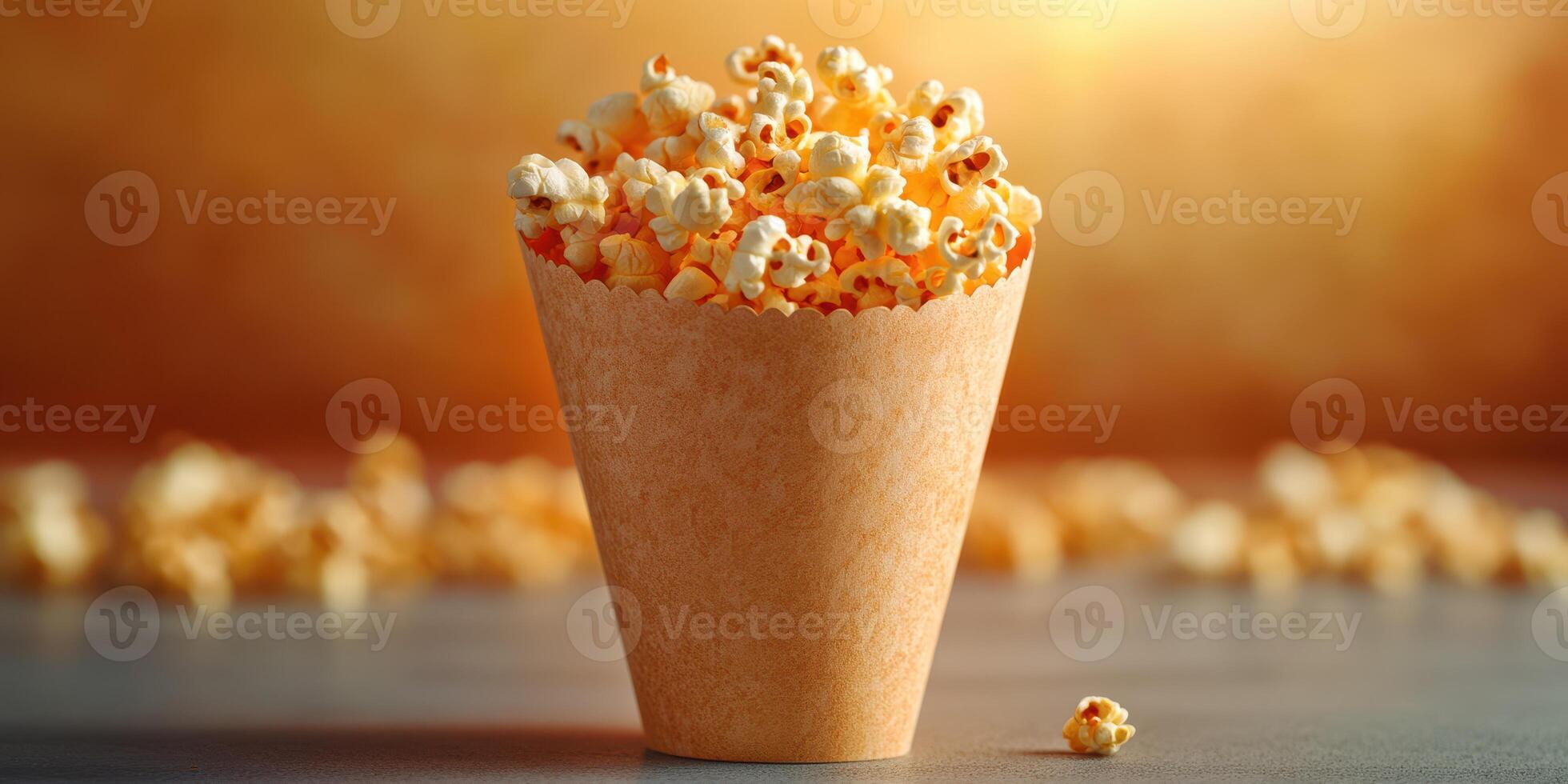 Freshly popped popcorn in a brown paper container with scattered popcorn on a wooden surface evoking a cozy atmosphere photo