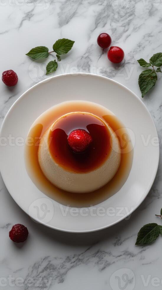 Delicious dessert featuring creamy flan topped with a fresh raspberry and caramel sauce on a marble table photo