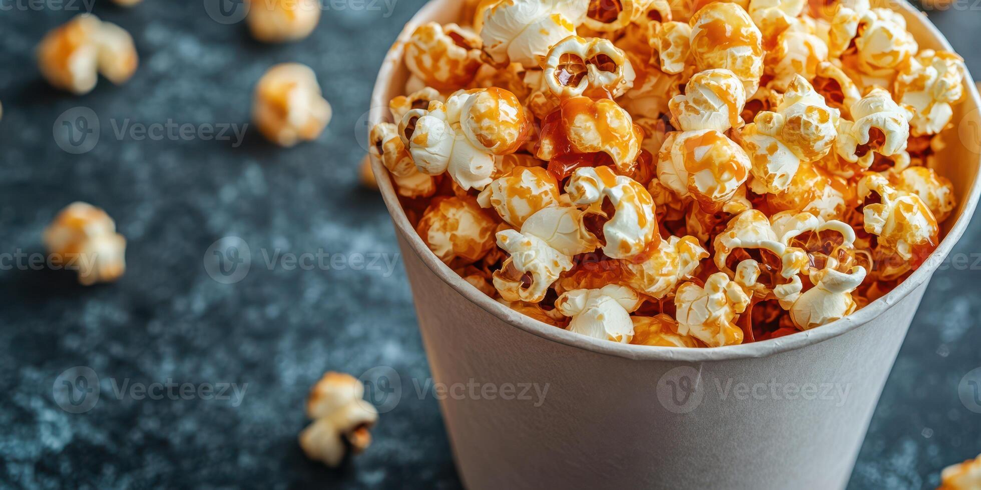 Sweet and crunchy caramel popcorn served in a cup with scattered kernels on a dark surface photo