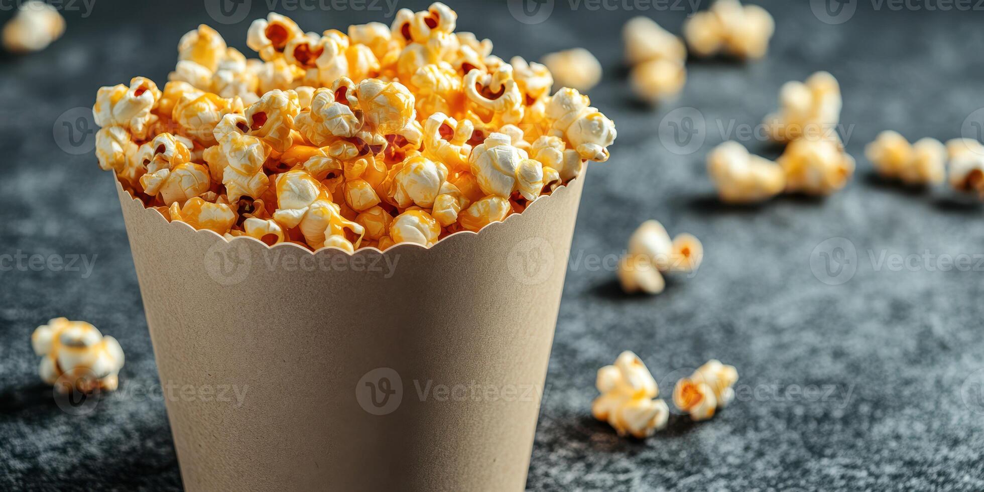 Freshly popped popcorn in a brown paper cup on a dark surface with scattered kernels photo