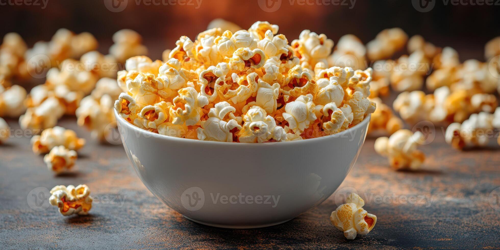 Freshly popped popcorn fills a white bowl with scattered kernels on a textured surface in a warm setting photo
