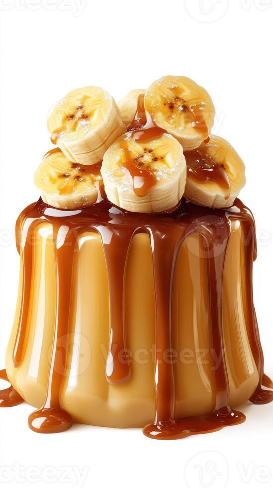 Delicious caramel pudding topped with banana slices in a tempting dessert display photo