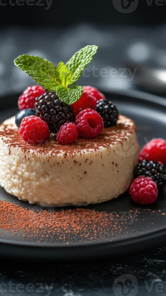 Dessert featuring creamy panna cotta topped with fresh berries and mint in a stylish presentation on a black plate photo