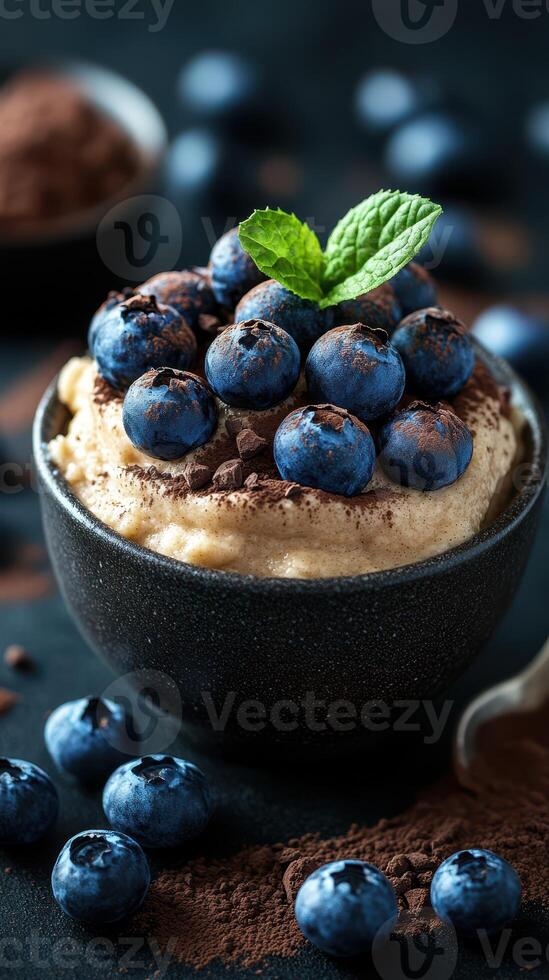 Delicious dessert with blueberries and chocolate served in a black bowl on a textured dark background photo