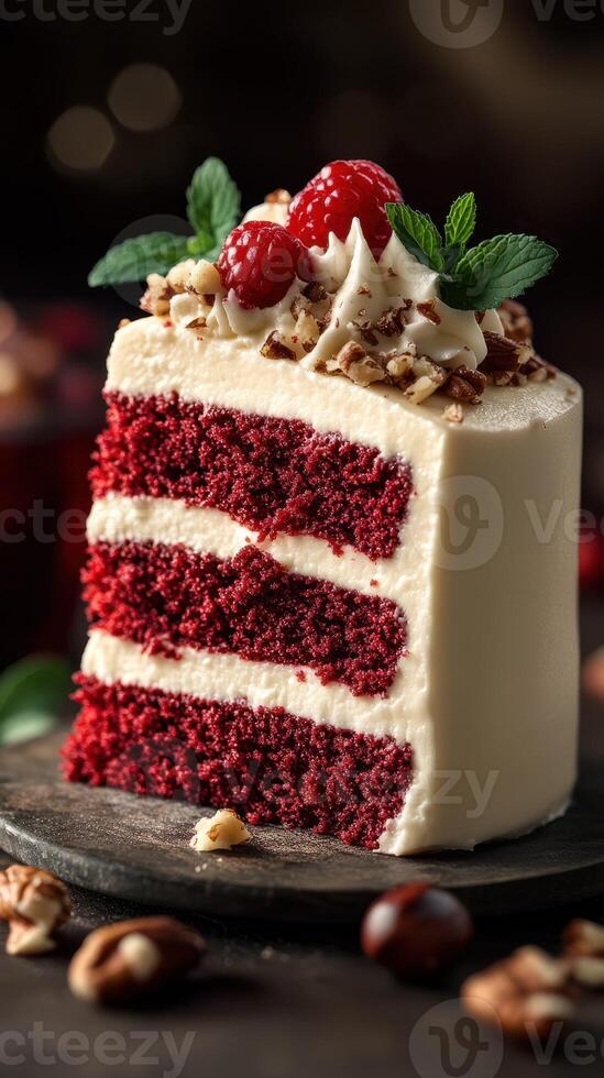 Delicious red velvet cake slice with cream frosting and fresh raspberries on a dark wooden background photo
