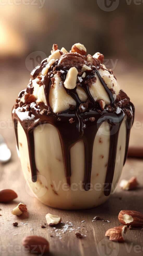 Delicious dessert featuring creamy vanilla, rich chocolate, and crunchy nuts served in a white cup photo