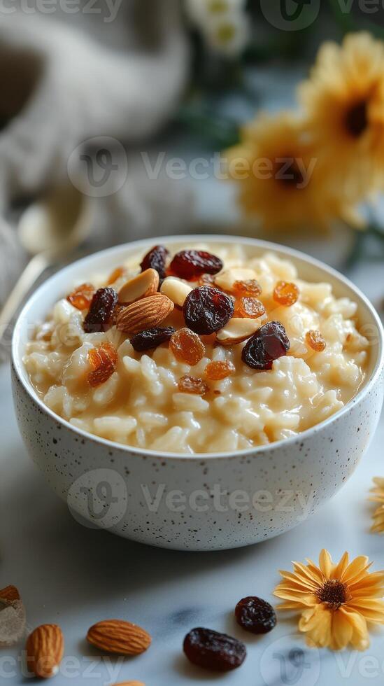 Creamy rice pudding topped with almonds, raisins, and dried fruits served in a textured bowl among floral decorations photo