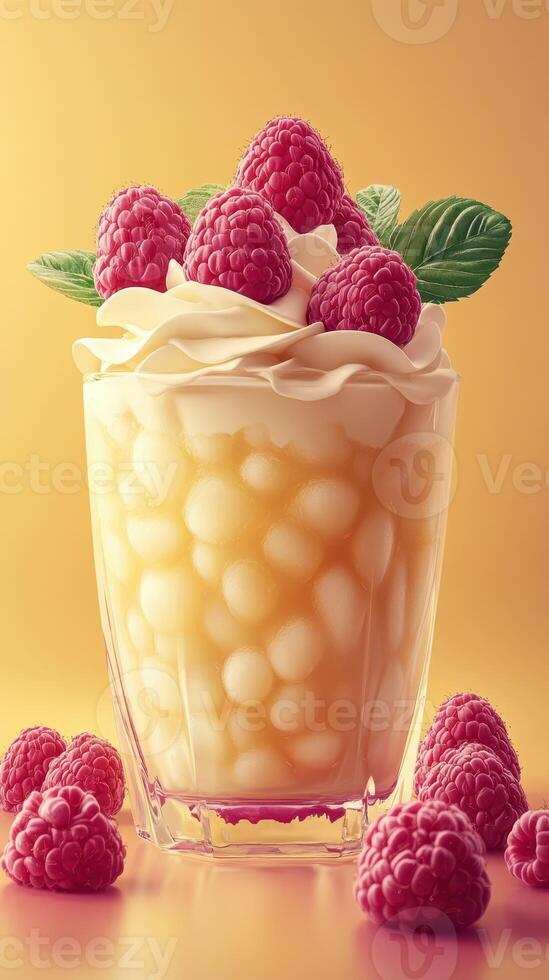 Delicious dessert featuring creamy layers topped with fresh raspberries against a warm background photo