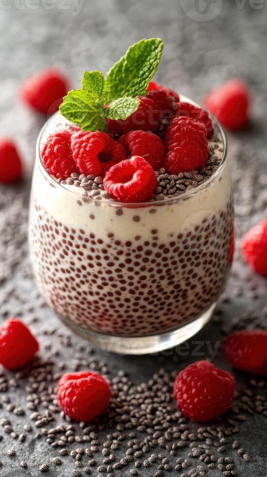 Delicious raspberry chia pudding served in a clear glass with fresh mint leaves on a textured grey surface photo