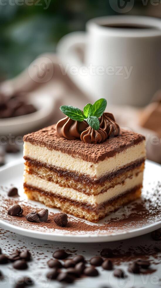 Delicious chocolate dessert served with coffee, featuring layers of cream and cocoa on a rustic table photo
