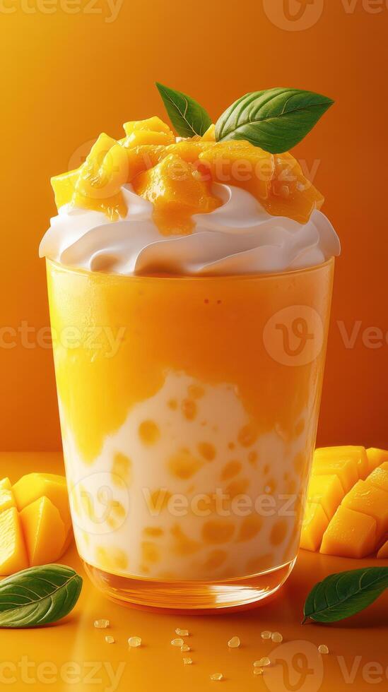 Refreshing mango dessert served in a glass with whipped cream and fresh fruit on top photo