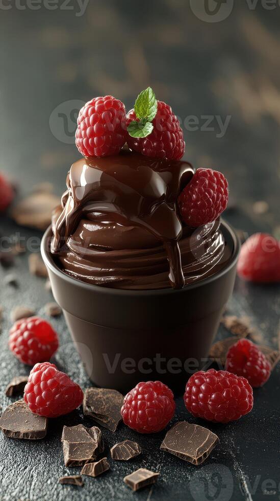 Delightful chocolate dessert topped with fresh raspberries and mint leaves on a rustic table photo