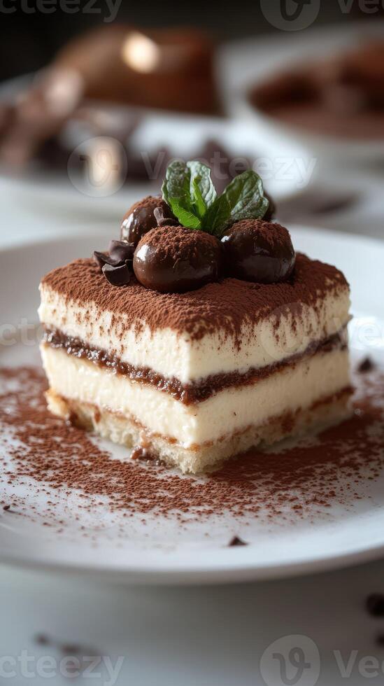 Delicious tiramisu dessert served on a white plate with cocoa powder and chocolate decorations in a cozy cafe setting photo
