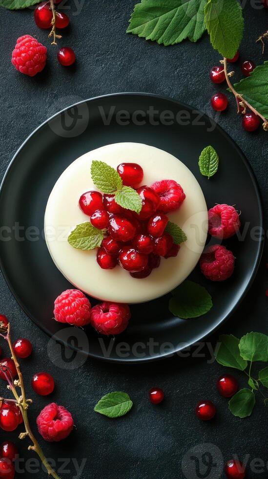 Creamy dessert topped with fresh berries and mint leaves on a black plate in a culinary setting photo