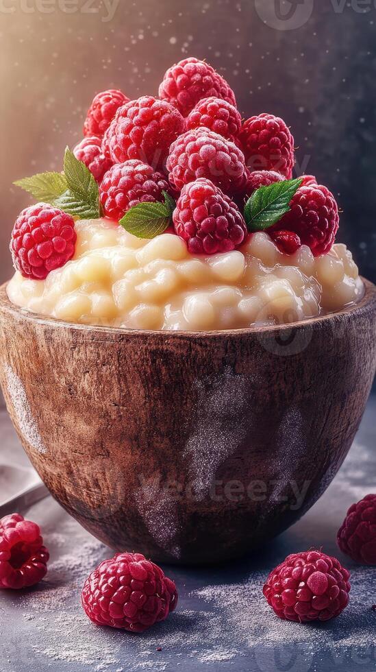 Creamy dessert topped with fresh raspberries in a rustic wooden bowl on a dark background photo