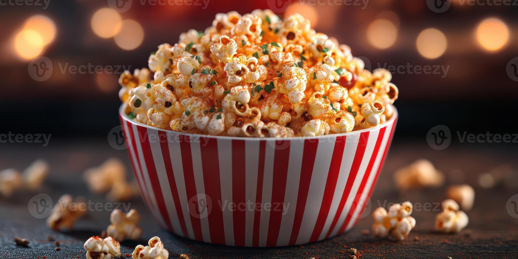 Freshly popped popcorn in a striped bowl with seasoning and a cozy background photo