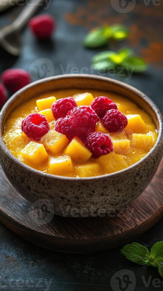 Delicious mango pudding topped with fresh raspberries and mint on a rustic wooden table photo
