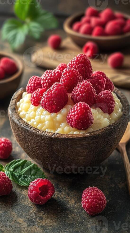 Delicious bowl of creamy pudding topped with fresh raspberries on a rustic wooden table photo