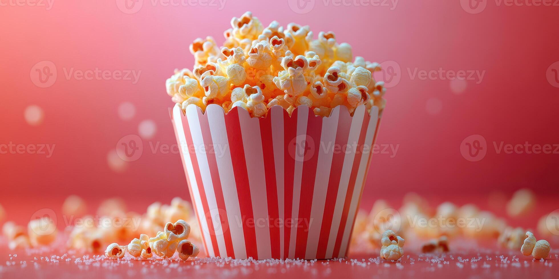 Freshly popped popcorn in a red and white striped container on a vibrant background photo