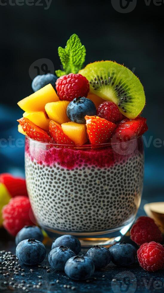 Chia seed pudding topped with fresh fruits in a decorative glass bowl garnished with mint at a stylish setting photo