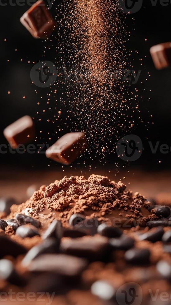 Sweet chocolate pieces and cocoa powder create an enticing dessert atmosphere in a dark setting photo