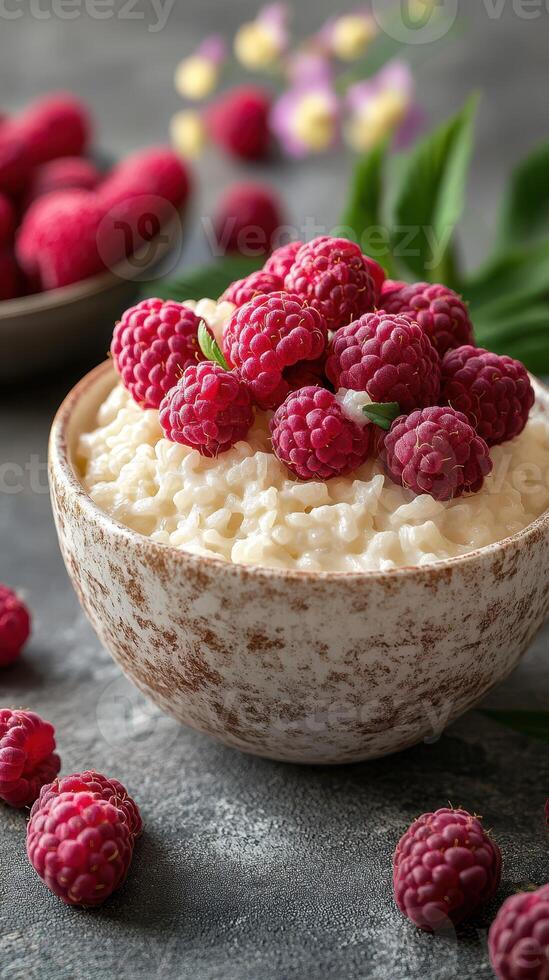 Fresh raspberries atop creamy rice pudding in an elegant bowl on a rustic table photo