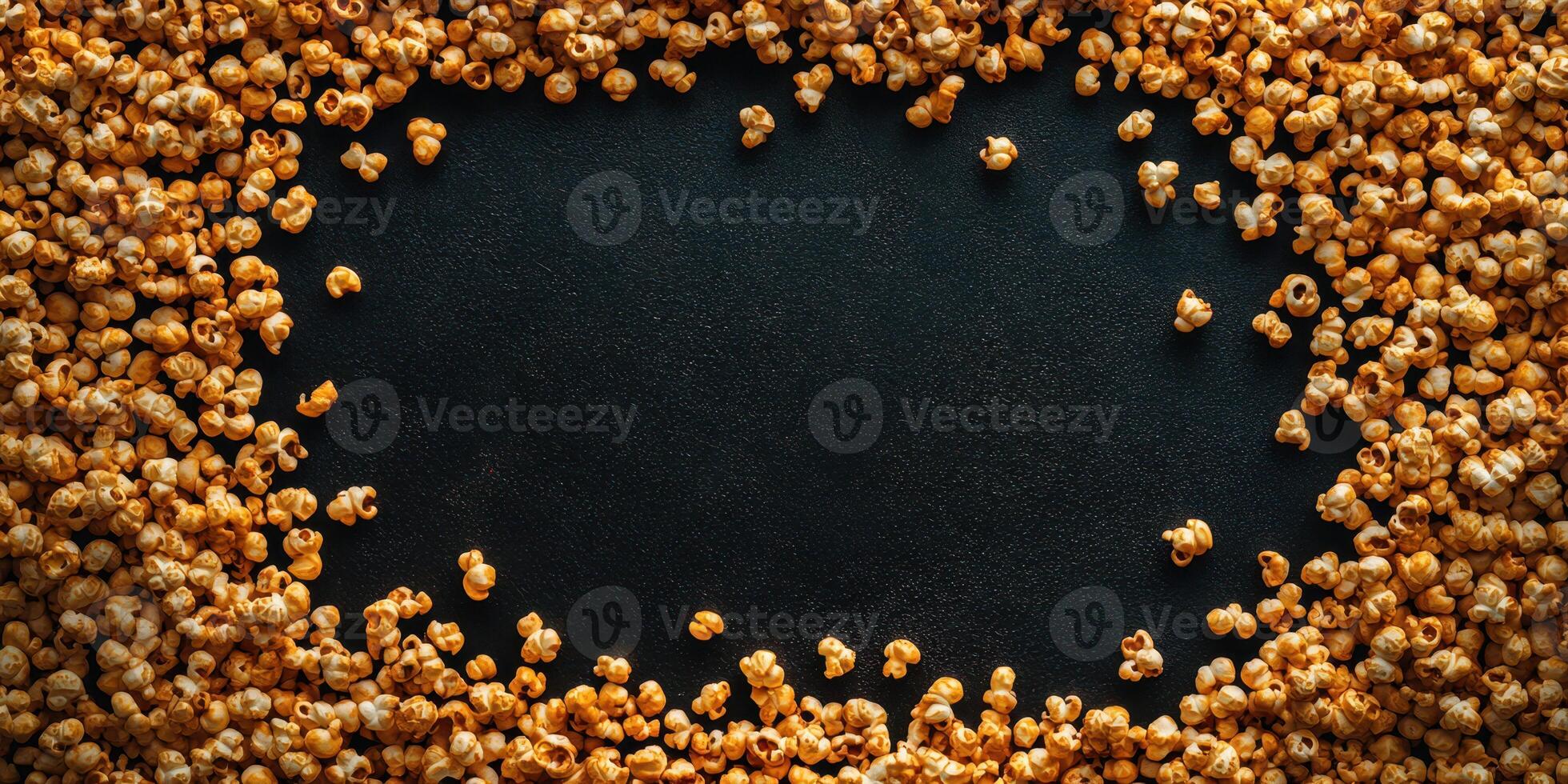 Popcorn scattered around a black surface creating a playful border for an inviting snack layout photo