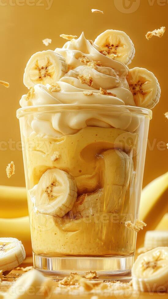 Creamy banana dessert topped with whipped cream and banana slices served in a clear glass photo