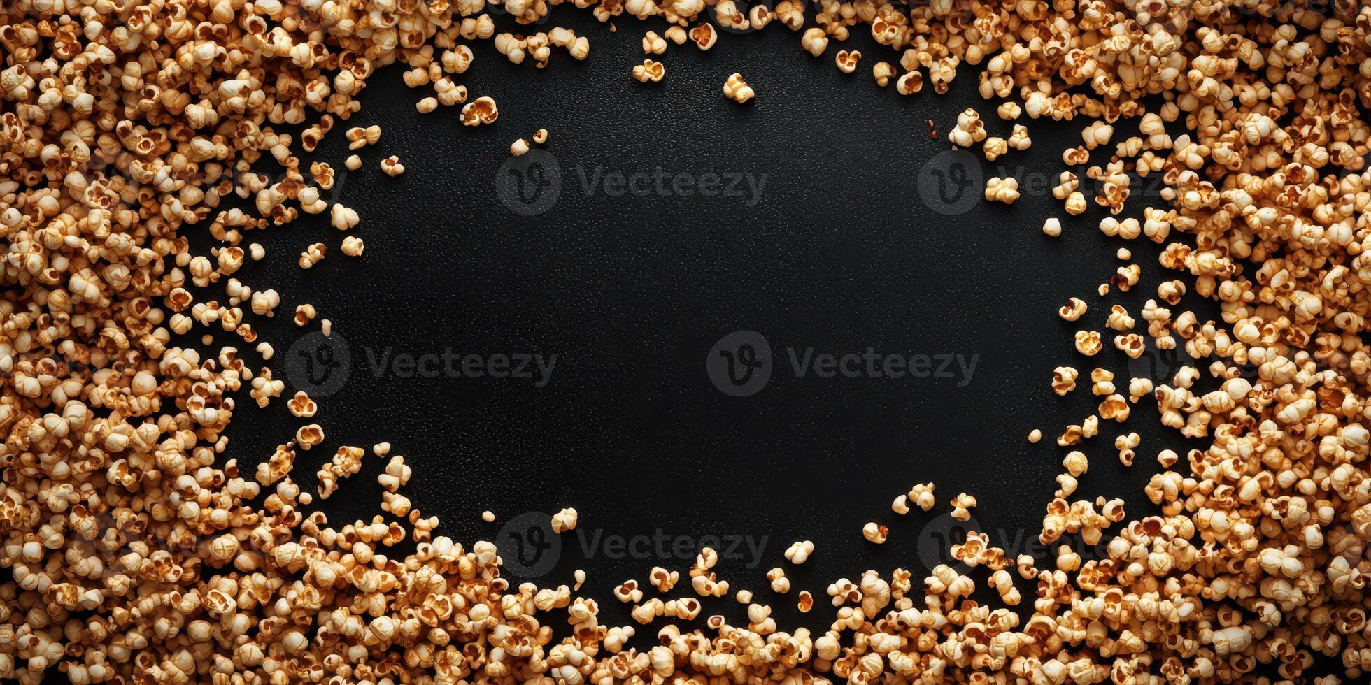 Snack time with fresh popcorn scattered across a dark surface ready for sharing and enjoyment during movie night photo
