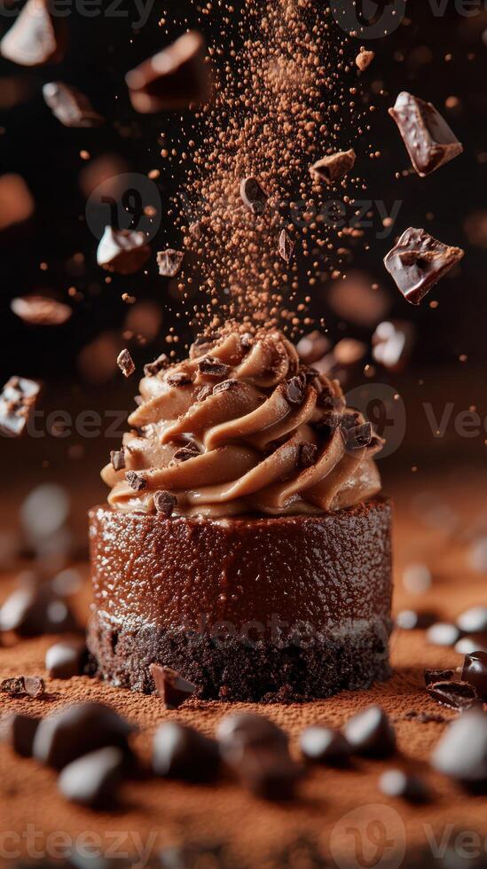 Decadent chocolate dessert with swirling frosting and flying chocolate pieces captured in a delightful moment photo