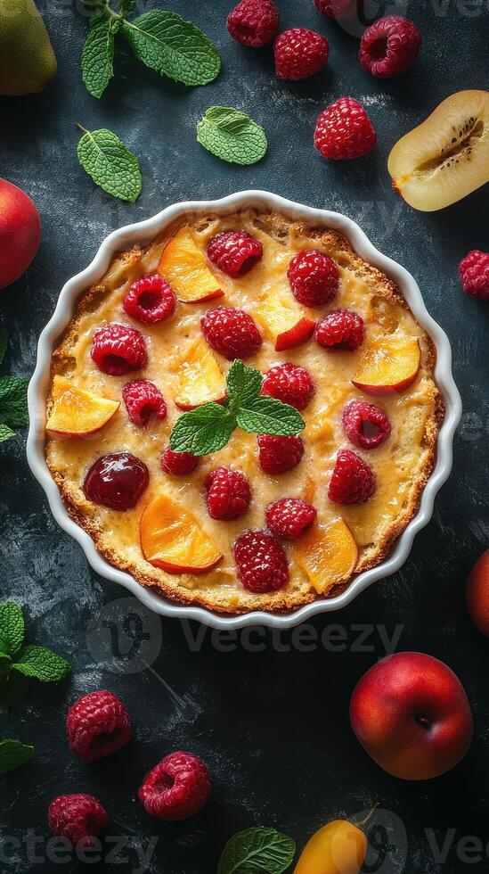 Colorful fruit tart with raspberries and apricots displayed on a dark surface surrounded by fresh fruits and mint leaves photo