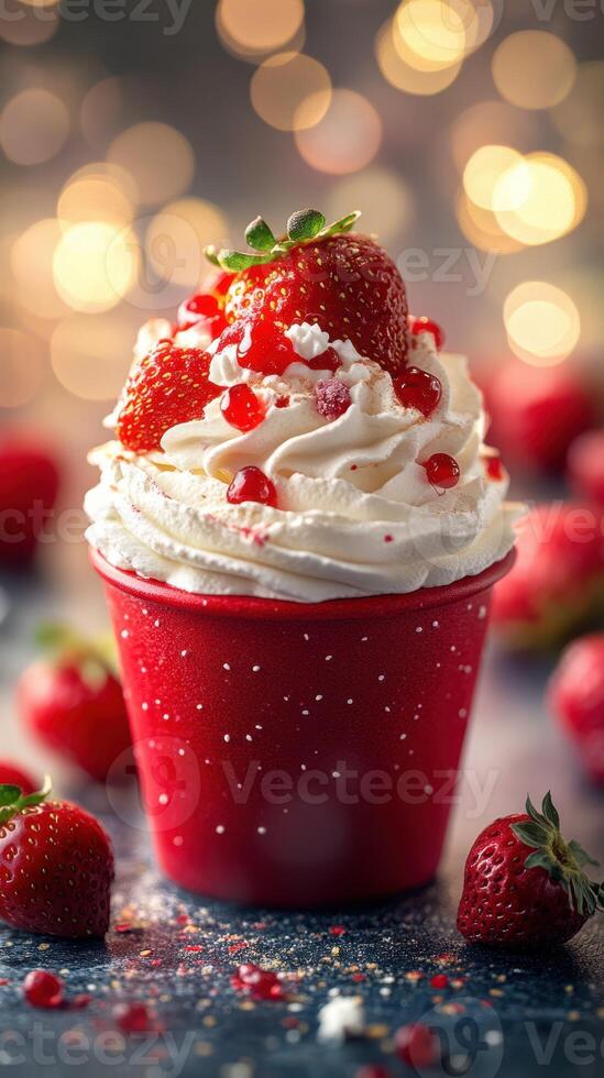Delightful strawberry dessert topped with whipped cream and cherry syrup in a festive setting photo