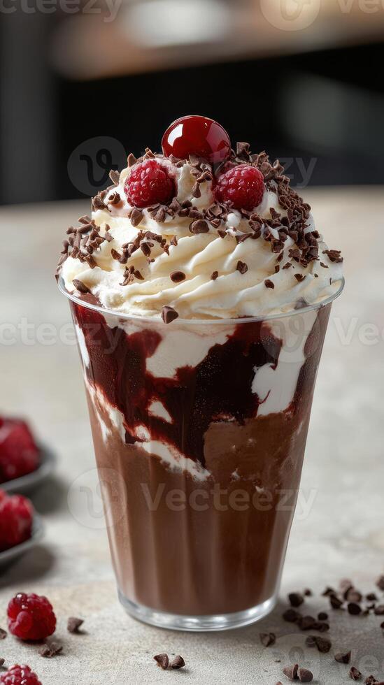 Delicious chocolate dessert topped with whipped cream, raspberries, and cherries served at a cozy cafe during afternoon hours photo