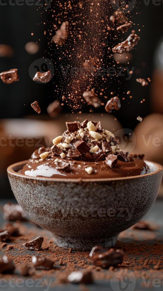 Indulging in rich chocolate dessert topped with crushed nuts and cocoa powder in a cozy setting photo