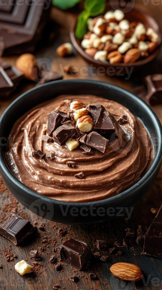 Creamy chocolate mousse topped with nuts and dark chocolate pieces in an elegant bowl photo