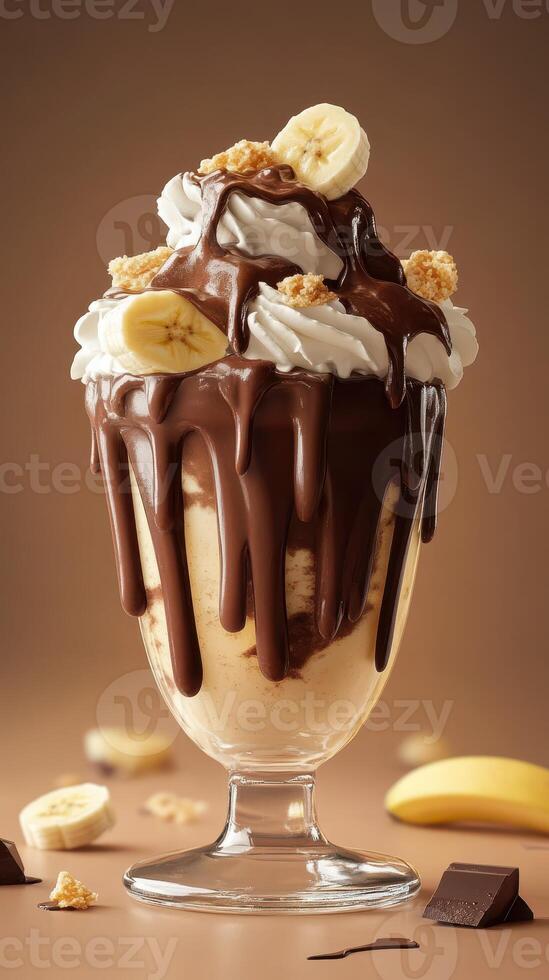 Delicious banana and chocolate sundae topped with whipped cream and crunchy bits served in a glass dessert dish photo